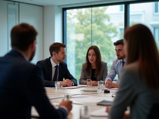 Group of business professionals discussing strategy around a table, representing collaboration.