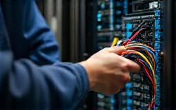 A technician connecting cables within a server rack during the implementation phase.