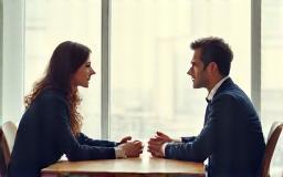 Two business professionals discussing at a table during an initial consultation.