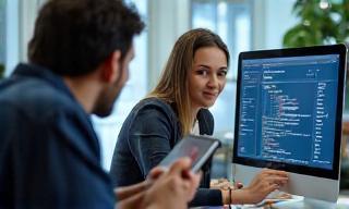 IT support professional working on a computer while talking to a client.